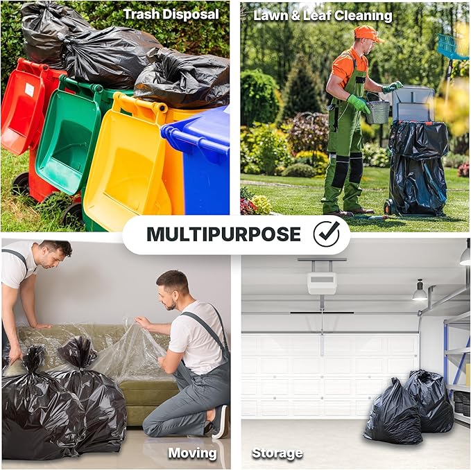 45 Gallon Trash Bags, 30 Micron Heavy Duty Pure LDPE Garbage Can Liners, 40" x 46" Large, Black, 100 Count