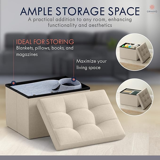 Ornavo Home Small Storage Ottoman, Set of 2, Foldable Collapsible Rectangle Linen Ottoman Foot Rest Stool Seat, for Living Room, Bedroom, Home Office, Dorm - 12 x 16 x 12, Beige