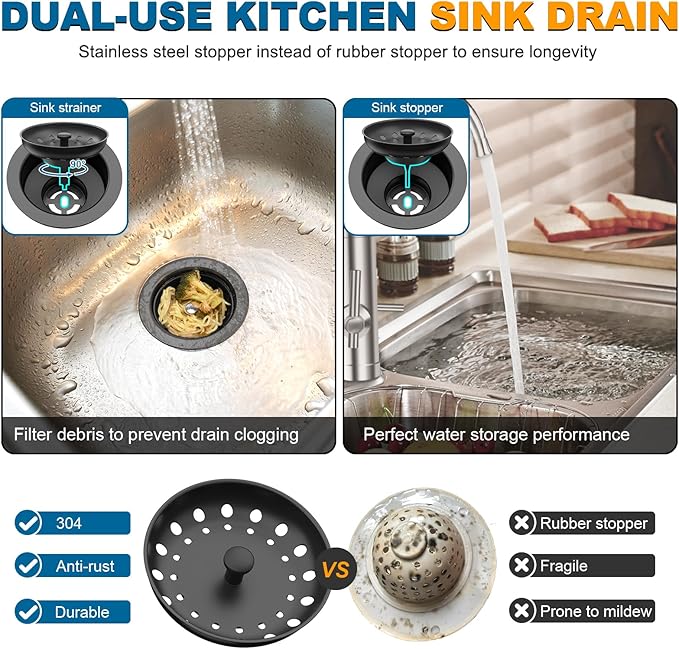 BOTEMY Stainless Steel Black Sink Drain Strainer Kit 3-1/2 inch Kitchen Drain Assembly with Metal Center Knob Basket Stopper Replacement for Standard Kitchen Sinks, Matte Black
