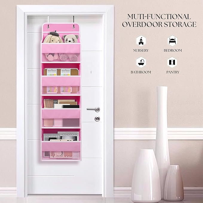 Over The Door Hanging Organizer with 4 Large Pockets – Closet, Bathroom, Nursery, Bedroom, Dorm Storage for Toys, Cosmetics, and Baby Essentials, Pink