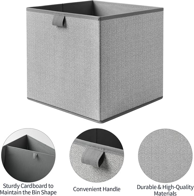 Storage Baskets, 11.8-Inch Woven Fabric Bins, Storage Cubes with Reinforced Handles, Organizer Bins for Closet Shelves, Foldable, for Toys, Clothes, Natural Beige (2PCS/Grey-11.8*11.8*11.8inch)