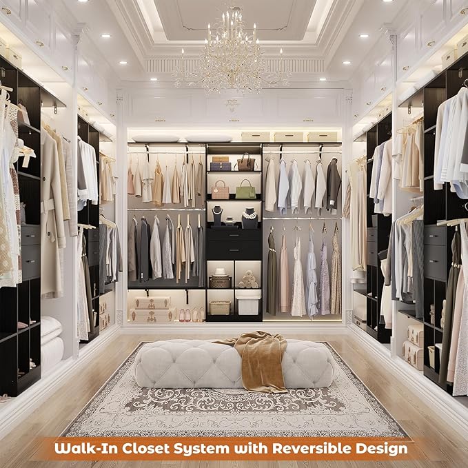 Closet System - 4.75-8FT Closet Organizer System with Wooden Drawers & Cube Storage Organizer, Up To 96" Closet Systems for Nursery & Walk-In Closets with Cuttable Hanging Shelving, Black