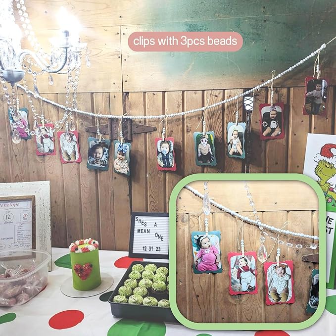 4 Feet Wooden Beads Garland with Clothespins Picture Cards Holder - Country Farmhouse Christmas Nursery Boho Holiday Decorations with Clips