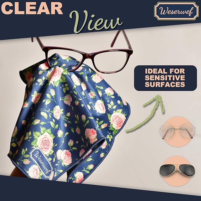 WESERWEF Design Microfiber Glasses Cleaning Cloth – Premium Cleaning Cloth for Eyeglasses, Screens, Tablets, Cameras & Lenses, 12" x 12", Ultra-Soft & Scratch-Free (Rose)