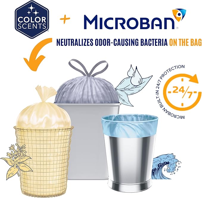Color Scents Tall Kitchen Trash Bags - 13 Gallon, 100 Bags (1 Pack of 100 Count), Drawstring - White bag in Lavender + Sage Scent with Microban