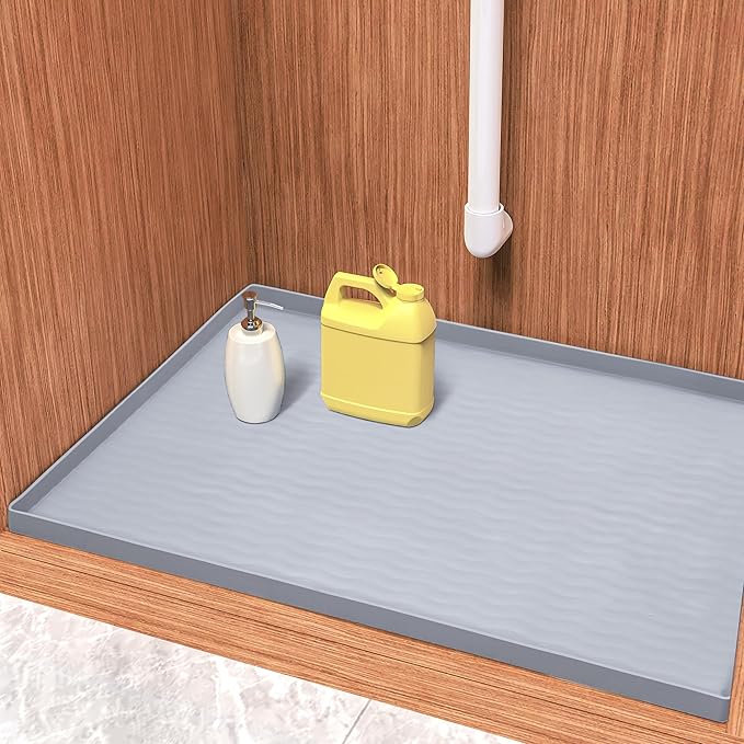 URMONA Waterproof Silicone Under Sink Mat 22'' x 19'' Shelf Liner for Kitchen and Bathroom, Cabinet and Counter Protector, Storage and Organizers, Litter Mat, Pet Cat Puppy Essentials(Light Grey)