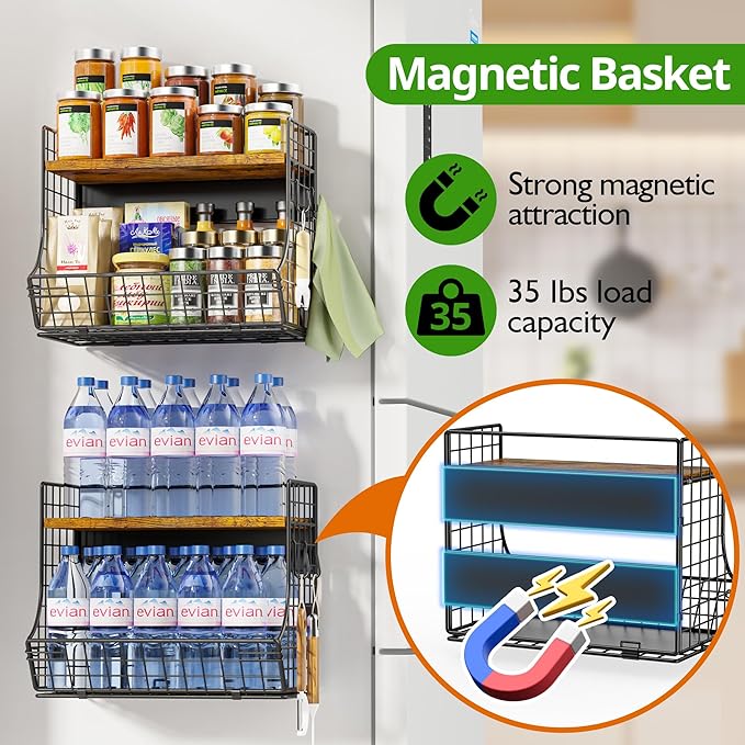 2 Pack Magnetic Shelf for Fridge with Wood Lid, Fruit Potato and Onion Storage Bins, Pantry Organizers and Storage, Strong Magnetic Spice Rack for Refrigerator, Kitchen Counter and Laundry Room