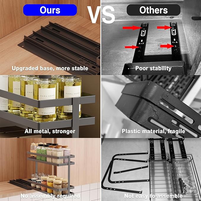 Pull Out Spice Rack Organizer for Cabinet, 2 Tier Metal Slide Out Seasoning Organizer and Storage Heavy Duty Vertical Spice Rack Shelf Pullout for Kitchen Cabinets No Drilling(1 Pack, Black)