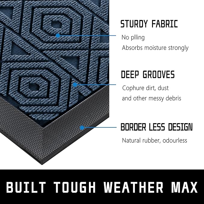Yimobra Door Mat, Outdoor Indoor Entrance Welcome Mat, Heavy Entry Front Door Mat, Stain & Fade Resistant, Low Profile, Sturdy Rubber, Easy Clean Patio Floor Mat, Waterproof, 36 x 24, Blue