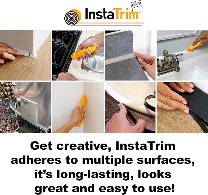 InstaTrim The Original Flexible Trim - 50ft White 3/4" Wide Caulk Tape - Adhesive Trim with Many Uses Including Caulking for Bathtubs, Sinks, Counters, Tile, Floors - Made in USA