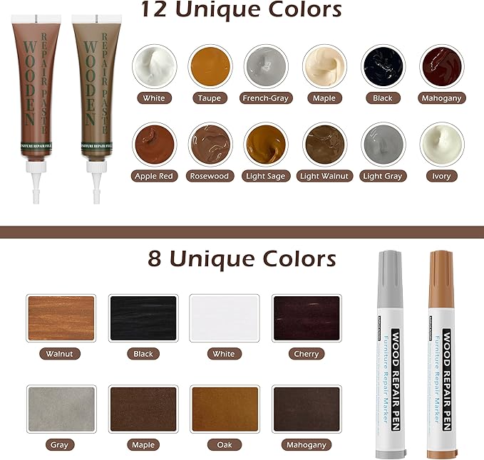 Wood Furniture Repair Kit: 12-Color Filler and 8-Color Markers - Wood Touch Up for Scratches/Cracks/Holes/Stains in Floors/Table/Cabinets(Hardwood/Laminate)