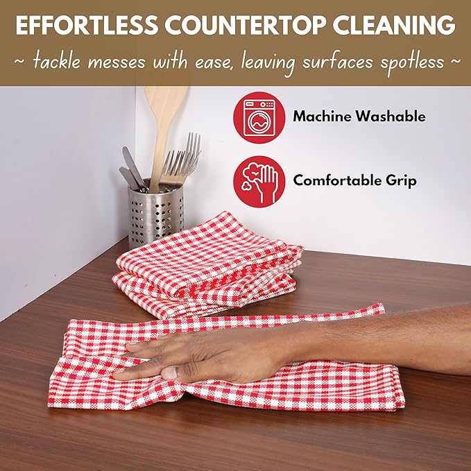 Native Fab 12 Pack Gingham Check Kitchen Towels 16"x26" - Mini Plaid Cotton Dish Towels Washable - Absorbent Tea Towel, Soft Hand Towel with Hanging Loop, Dish Cloth Set - Red White