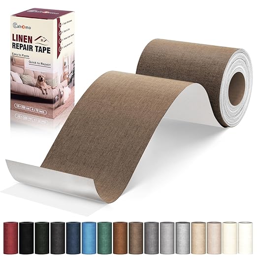 Linen Repair Tape 4x79 inch, Self Adhesive Fabric Patches, Linen Patch Tape Kit, Fabric Repair Tape for Couch Sofas, Headboards, Chairs, Pillows, Curtains, Couches - Light Brown