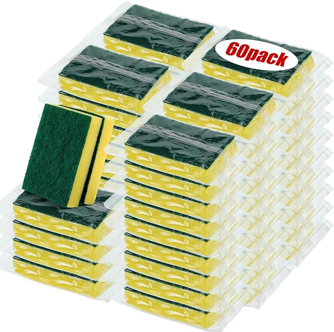 Tanlade 60 Pcs Individually Wrapped Sponge Dishwashing Sponge Bulk Non Scratch Scrub Sponges Kitchen Scouring Pad for Household Cleaning Rental Dishes Hotel Apartment Car (Yellow,Green)