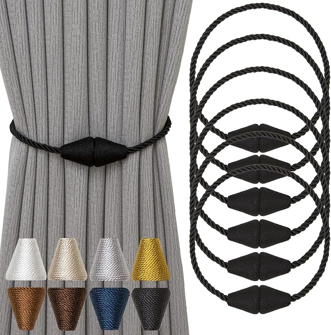 Magnetic Curtain Tiebacks 6 Pack Outdoor Rope Curtain Tie Backs Decorative Window Treatment Holdbacks for Home Decorative Curtain, Black