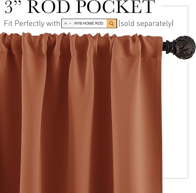 RYB HOME Bathroom Window Curtains - Super Soft Blackout Privacy Curtains for Baby Nursery Bedroom Basement Garege Workshop Kitchen Dining Living Room, W 29 x L 30, Burnt Orange, 2 Pcs