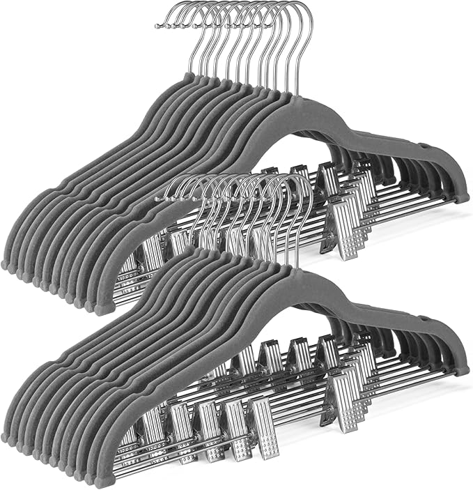 HOUSE DAY Velvet Skirt Hangers 36 Pack, Gray Velvet Hangers with Adjustable Clips, Space Saving Slim Velvet Pant Hangers, Heavy Duty Shorts Hangers, Non Slip Clip Hangers for Pants, Skirts, Shorts