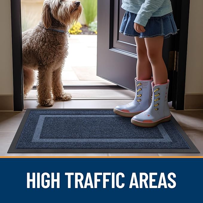 OLANLY Front Door Mat Indoor Outdoor Entrance, Waterproof All-Season, All-Weather Doormat, Sturdy Natural Rubber, Fade Resistant, Low Profile, Easy Clean Patio Porch Entryway Mat, 59x23, Blue