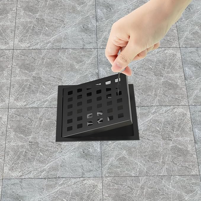 4-3/8 Inch Shower Drain Matte Black, Square Bathroom Floor Drain, Stainless Steel Drain Kit with Flange, Removable Grid Cover, Hair Strainer