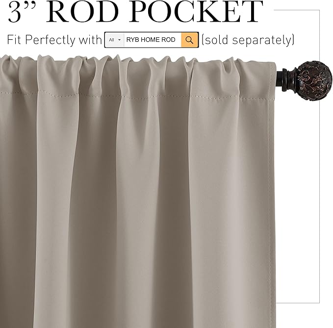 RYB HOME Room Darkening Curtains for Bedroom, Thick Durable Privacy Window Shades, Rod Pocket Thermal Insulated Backdrop for Teenagers Bedroom Dorm, W 42 x L 63 inches, 2 Panels, Sand