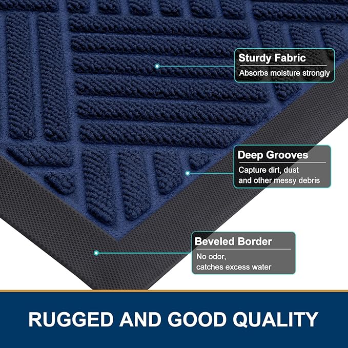 Smiry Front Door Mat Outside Entrance, Heavy Duty Outdoor Indoor Natural Rubber Doormat, Non Slip, Trap Dirt and Moisture, Easy Clean, Low Profile Patio Porch Entryway Mat, 47x32, Navy Blue