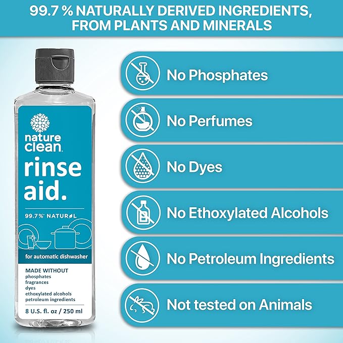 Nature Clean All Natural Dishwasher Rinse Aid Cleaner, Liquid Dishwasher Rinse Agent for Spot-Free Glass & Cutlery in Hard Water, Non Toxic Dish Washer Rinse Aid & Stain Remover, 8 oz/250ml, Pack of 3