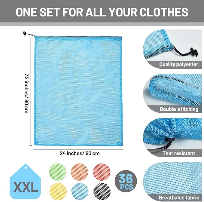 Berlune 36 Pcs Large Laundry Bag Colorful Extra Large Mesh Laundry Bag Bulk with Drawstring Heavy Duty Mesh Machine Washable Drawstring Pouch (32 * 24in)