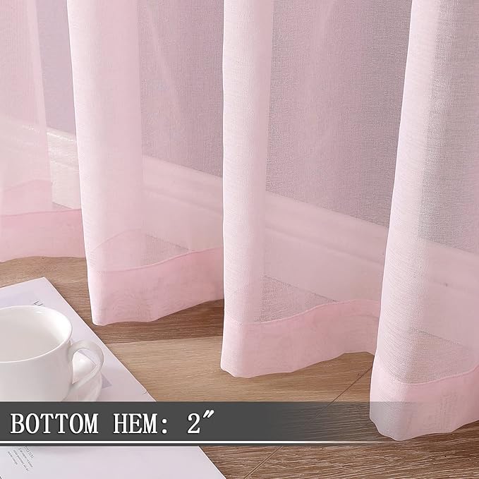 Tollpiz Short Sheer Curtain Linen Textured Bedroom Curtains Sheer Light Filtering Rod Pocket Voile Curtain for Living Room, 54 x 54 inches Long, Pink, Set of 2 Panels