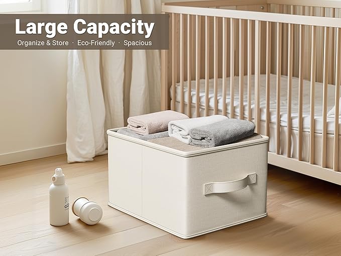 3 Pack Fabric Storage Bins for Shelves | 11.5x8.75x6.5in Storage Baskets | Fabric Closet Organizers and Storage Bins with Handles Home Organization| Linen Clothes Bins | White & Ivory