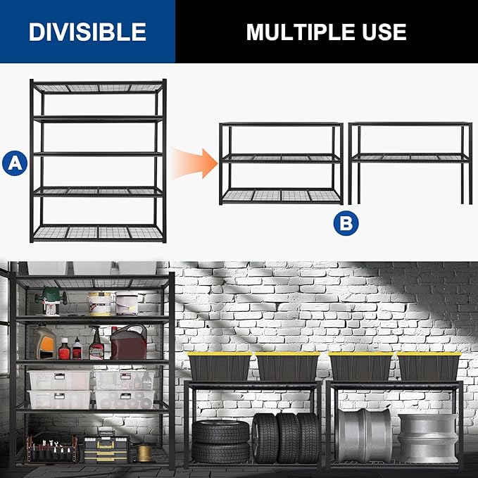 BILT HARD 3500 LBS 60" W x 18" D Garage Shelving, 72" H Heavy Duty Storage Shelves, Metal Wire Utility Shelving Units with Adjustable Shelf, Ideal for Garage, Black