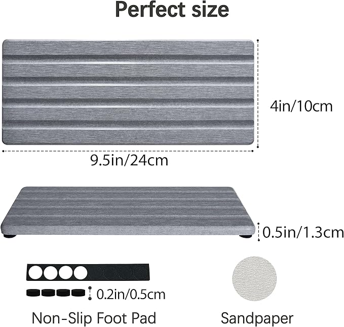 Diatomite Soap Dish, Water Absorbing Stone Tray, Kitchen Sink Organizer, Fast Drying Counter Holder (Grey, 9.5" x 4"/24 x 10cm)