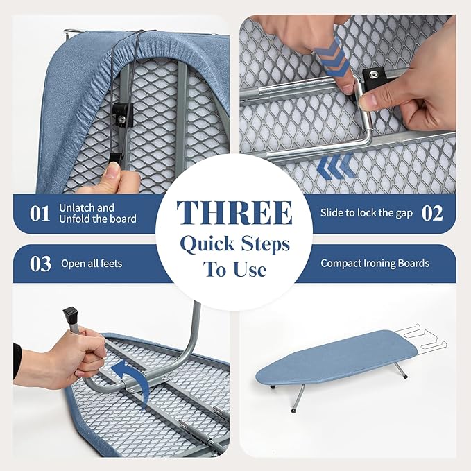 Small Ironing Board Tabletop with Cover and Pad, BlissBoard Mini Folding Iron Board Portable with Non-Slip Feet, Compact Ironing Table for Travel, 31"x12", Blue