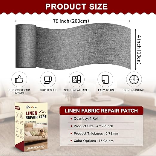 Linen Repair Tape 4x79 inch, Self Adhesive Fabric Patches, Linen Patch Tape Kit, Fabric Repair Tape for Couch Sofas, Headboards, Chairs, Pillows, Curtains, Couches- Dark Grey