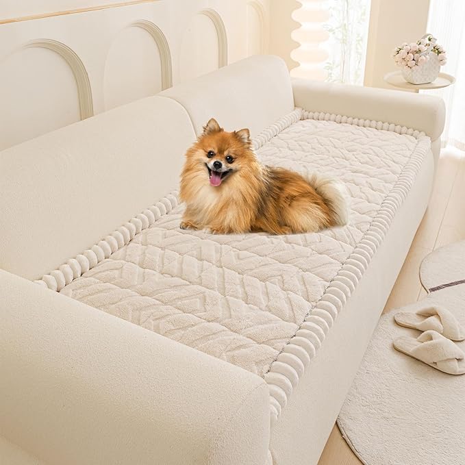 OTOB Pet Couch Covers for 3 Cushion Couch Sofa, Washable & Non Slip Fuzzy Plush Sofa Cushion Covers, All Seasons Geometric Jacquard Modern Soft Dog Bed Mat Slipcovers Protector (White, 27.6"x70.9")