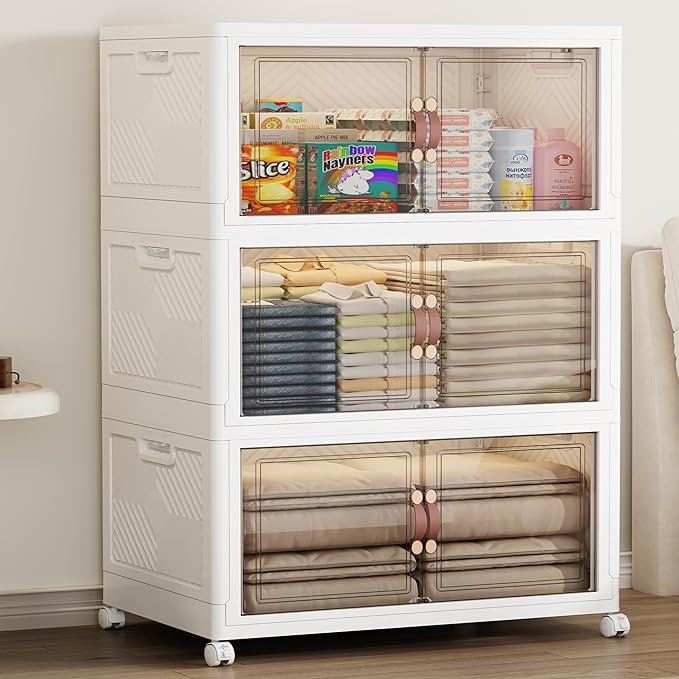 SAILUN 471QT Extra Large Collapsible Storage Bins with Wheels and Lid, Stackable Storage Bins Open Closet Organizers and Storage Storage Containers Drawers,30" L × 19.7" W × 50.4" H（3 Pack）
