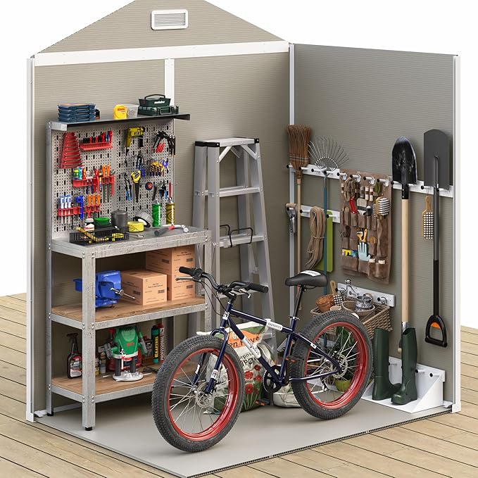 UDPATIO Outdoor Storage Shed 6x4.5 FT, Plastic Resin Outside Sheds & Outdoor Storage for Trash Can, Bike, Lawnmower, Generator, Tool Shed with Lockable Door for Backyard, Lawn, Patio, Sandstone