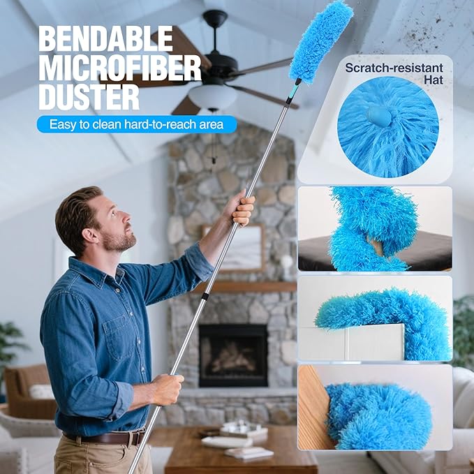 Lineslife Cobweb Duster,Washable Cleaning Duster Kit with Flexible Microfiber Duster Head, 1 * 2-in-1 Window Squeegee, and 1* Ceiling Fan Duster for Home Office Cleaning High Ceilings,Furniture,Roof