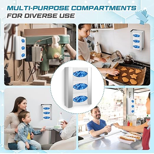 Blulu 2 Pack Glove Box Holder/Dispenser Stainless Steel Triple Wall Mounted Glove Box Organizer, 9.84"H x 14.96"W x 3.74"D