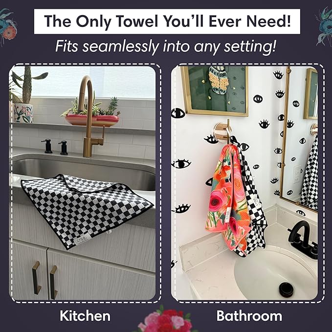Microfiber Hand Towel & Washcloth Set of 2 - Double-Sided, Waffle Weave, Super Absorbent, Lint-Free, Fast Drying - Pia & Fonnie Pattern for Bathroom, Kitchen, Car, and Window Cleaning