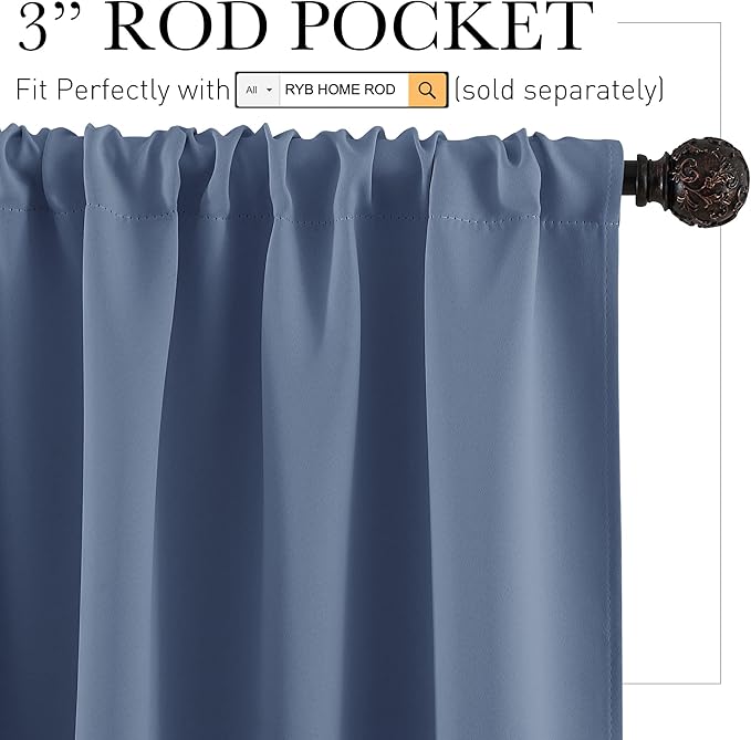 RYB HOME Short Blackout Curtains 36 inches, Solid Heavy Duty Small Window Treatment Room Darkening Privacy Draperies for Basement Bathroom Bedroom, Stone Blue, W42 x L36 inch, 2 Panels