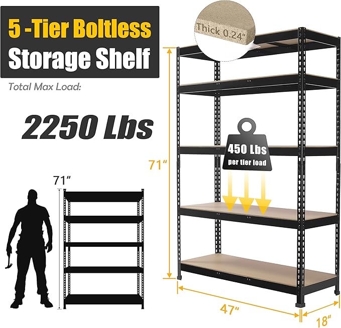 PrimeZone 8 Pack Heavy Duty Storage Shelves - 47" W x 18" D x 71" H 5 Tier Adjustable Garage Storage Shelving, Metal Storage Utility Rack Shelf Unit for Warehouse Pantry Closet Kitchen, Black