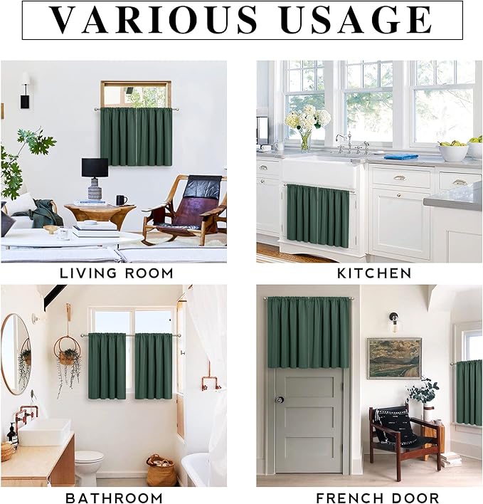 RYB HOME RV Curtains for Camper Windows - Soft Thermal Insulated Small Window Curtain Tiers for Cafe Kitchen Bedroom Basement Glass Door Window, W 42 x L 30 inches, Dark Green, 2 Panels