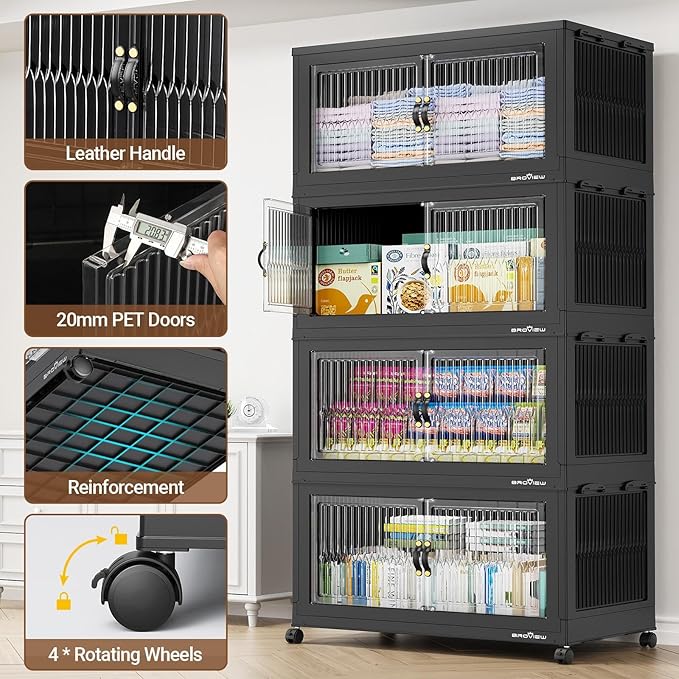 BROVIEW 800Qt Extra Large Stackable Storage Bins with Lid, Closet Organizer Collapsible Drawer Boxes with Wheels, Folding Plastic Cabinet Containers for Home Kitchen Room Organization, 4Pack Black