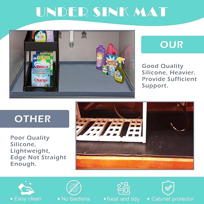 URMONA Waterproof Silicone Under Sink Mat 28'' x 22'' Shelf Liner for Kitchen and Bathroom, Cabinet and Counter Protector, Storage and Organizers, Litter Mat, Pet Cat Puppy Essentials(Black)