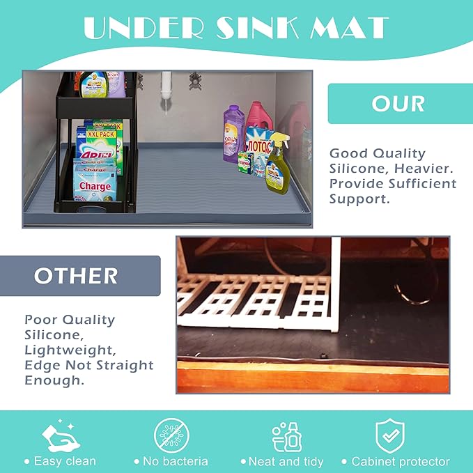 URMONA Waterproof Silicone Under Sink Mat 37'' x 22'' Shelf Liner for Kitchen and Bathroom, Cabinet and Counter Protector, Storage and Organizers, Litter Mat, Pet Cat Puppy Essentials(Black)