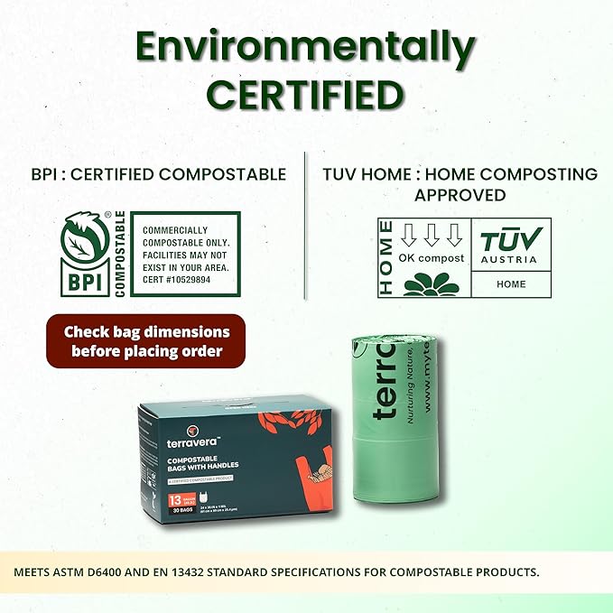 Compostable Trash Bags Flat Top | BPI & OK Home Certified ASTM D6400 Standards | Heavy Duty Kitchen & Yard Waste Bags (13 Gallon Flat Top (50 Count) with Gallon Freezer Bags (50 Count))