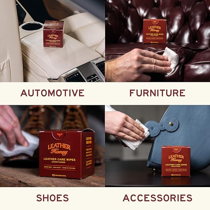 Leather Honey Conditioner Wipes: Restore Leather On-The-Go. Protect & Condition Any Color of Leather Couches, Car Seats, Purses, Shoes, Bags & Tack. Made in the USA! 10 Non-Toxic, Ready-to-Use Wipes