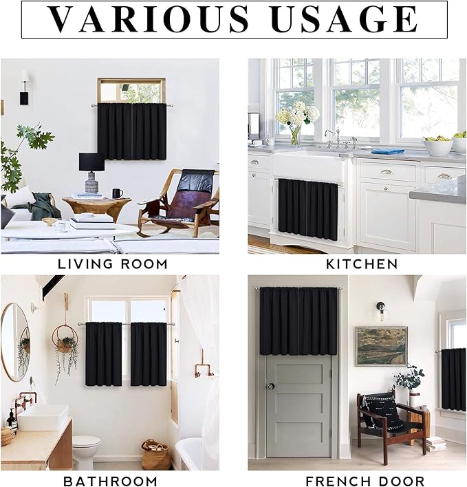 RYB HOME Black Short Curtains Blackout, 45 inch Durable Cafe Curtains Room Darkening Window Drapes Privacy Protection for Basement Closet Kithen, W34 x L45 inch, 2 Panels