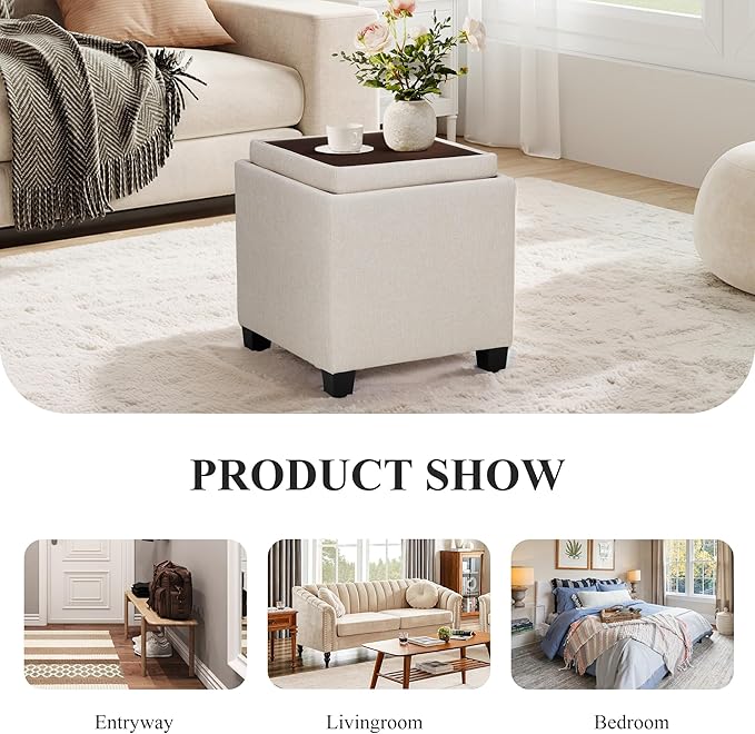 COLAMY Fabric Square Storage Ottoman with Reversible Tray Lid – Multi-Functional Footrest, Hidden Storage, Sturdy & Stylish Small Coffee Table for Living Room, Bedroom, or Entryway(Beige)