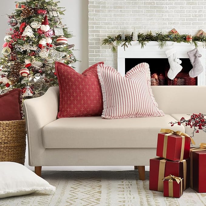 ZWJD Christmas Pillow Covers 22x22 Set of 2 Soft Polyester Textured Pillows with Stylish Flange Edge Cozy Farmhouse Christmas Decor for Couch Bed Sofa Living Room (Red)